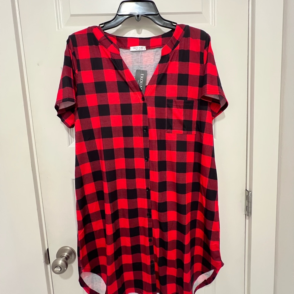 Ekouaer Red and Black Plaid Night Shirt